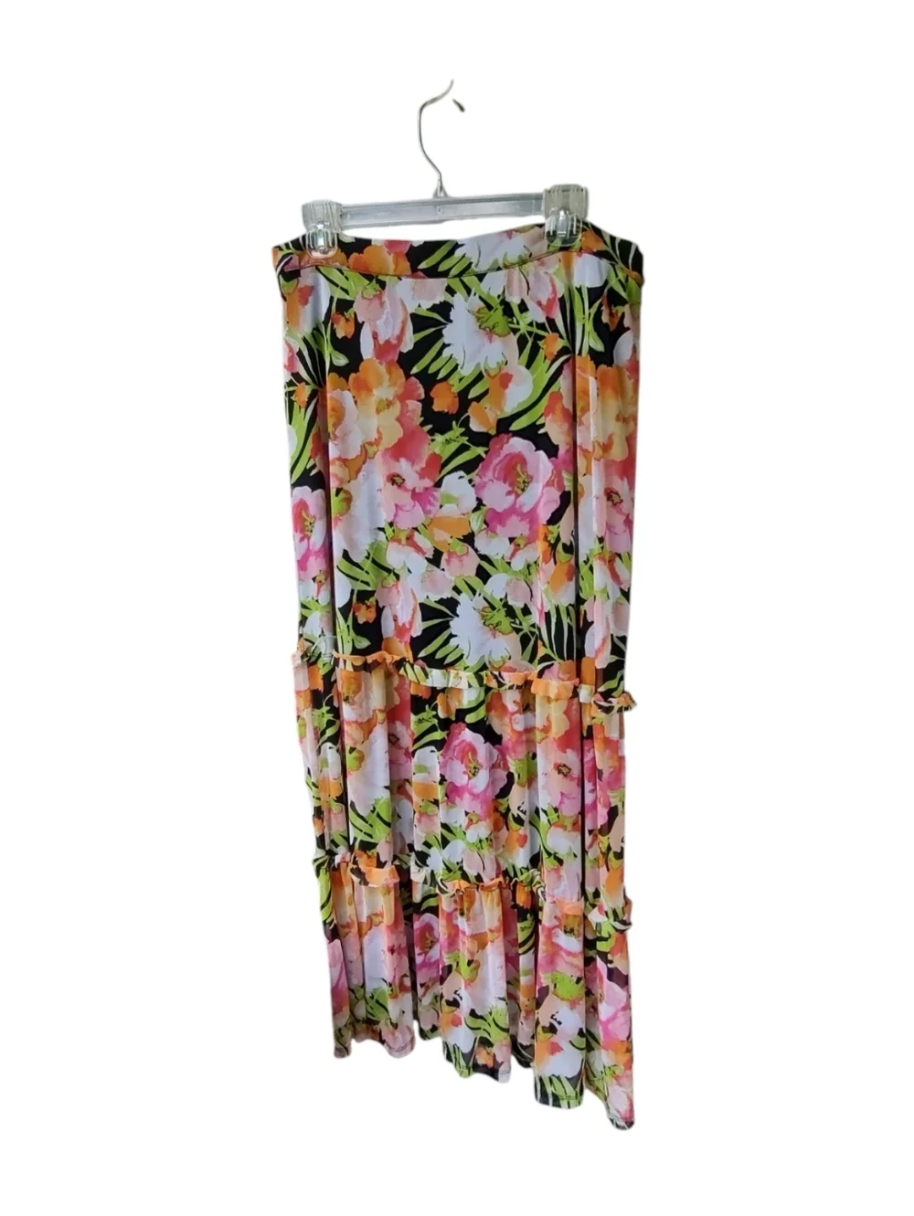 Cato Floral Tiered Maxi Skirt With Ruffles- Pink, Green & Black